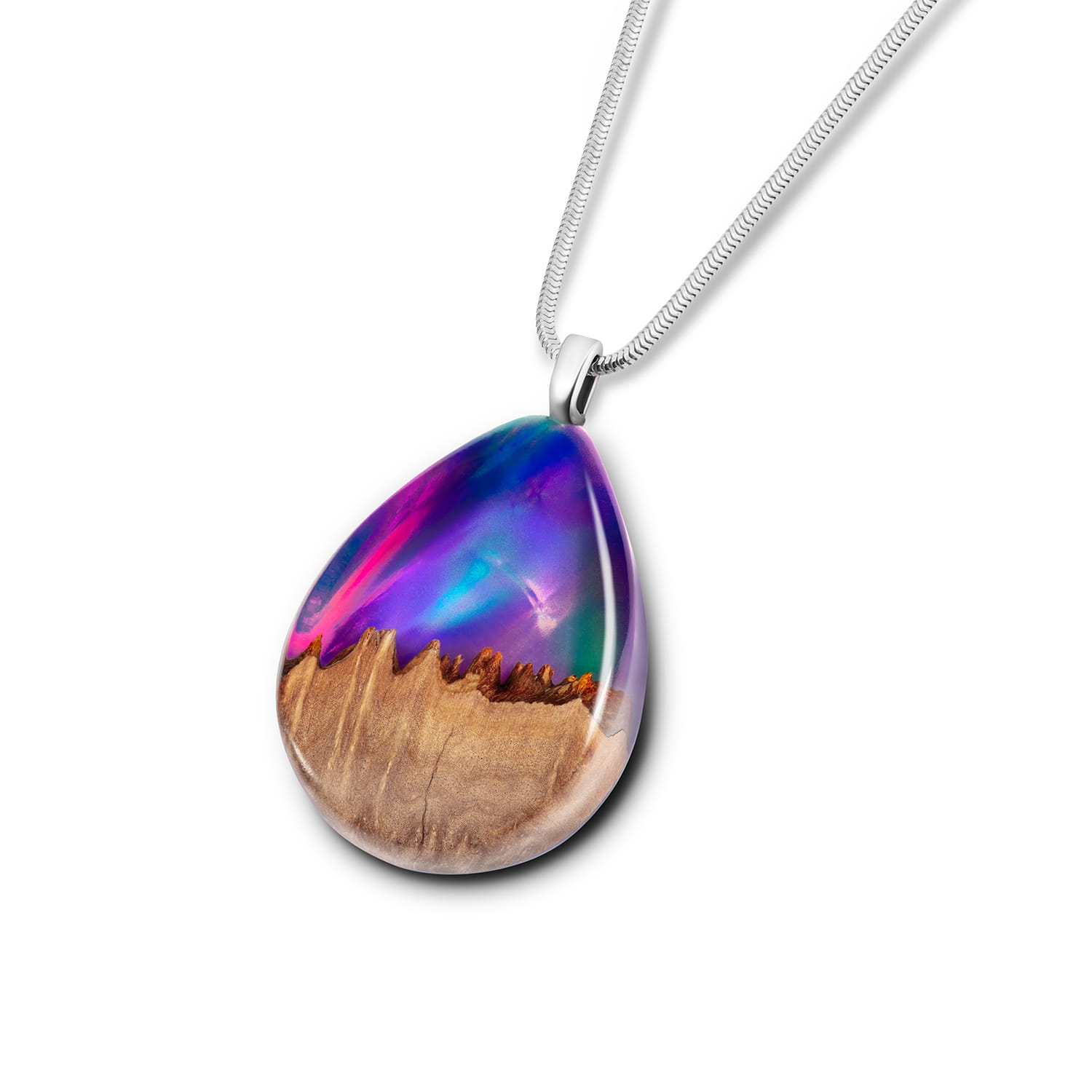 Naszyjnik damski purple galaxy łezka ze srebrnym łańcuszkiem widok pod kątem